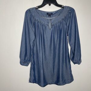 LANDS END Tunic Top Womens 4 Chambray Blue Indigo Round Neck Long Sleeve Lyocell